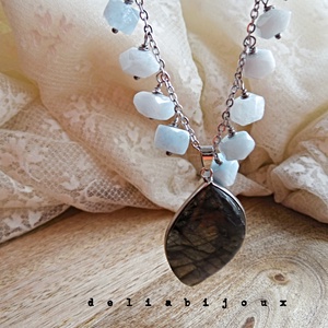 Colier handmade pietre naturale acvamarin și pandantiv labradorit (cod1423) - bijuterii - coliere - coliere cu pandative - Artynos.ro