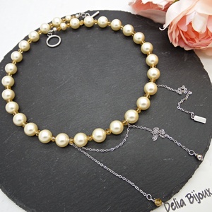 Colier elegant din perle Mallorca piersică cu lanț din inox bijuterie statement feminină (cod1426) - bijuterii - coliere - coliere din mărgele - Artynos.ro