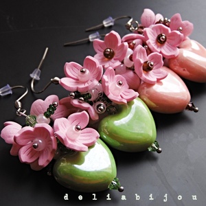 Cercei Sakura Bloom Heart Roz Delicat si Verde Vibrant (cod1428) - Artynos.ro