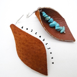 Cercei handmade statement - piele naturala, turcoaz (cod1039) - bijuterii - cercei - cercei din mărgele - Artynos.ro