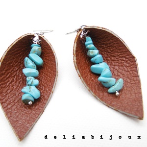 Cercei handmade statement - piele naturala, turcoaz (cod1039) - bijuterii - cercei - cercei din mărgele - Artynos.ro