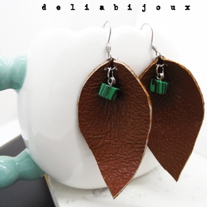 Cercei handmade statement - piele naturala, malachit (cod1040) - bijuterii - cercei - cercei din mărgele - Artynos.ro