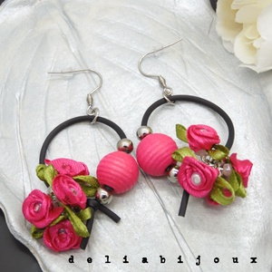 Cercei handmade statement unicat -flori - satin si lemn (cod1031) - bijuterii - cercei - cercei din lemn - Artynos.ro