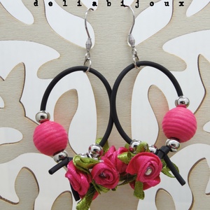 Cercei handmade statement unicat -flori - satin si lemn (cod1031) - bijuterii - cercei - cercei din lemn - Artynos.ro