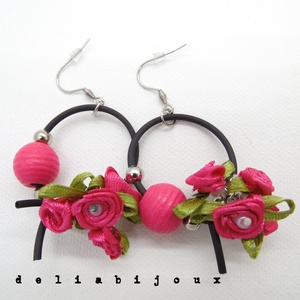 Cercei handmade statement unicat -flori - satin si lemn (cod1031) - bijuterii - cercei - cercei din lemn - Artynos.ro