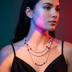 Set coliere multilayer din margele fatetate rosii si transparente si colier lant inox separat (cod1430) - Artynos.ro
