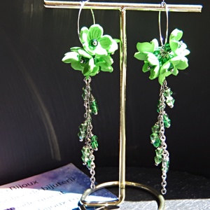 Cercei Lungi Handmade Verde Crud Flori din Foamiran și Cristale, Cadou Femei (cod1443) - bijuterii - cercei - cercei lungi - Artynos.ro