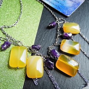 Colier Handmade cu Agate Galbene și Ametist Natural Colier Statement din Inox cu Pietre Semiprețioase (cod1445) - bijuterii - coliere - coliere din pietre semiprețioase - Artynos.ro
