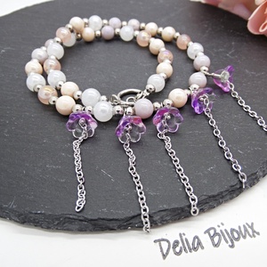 Colier Handmade cu Flori Mov și Mărgele Perlate Eleganță și Farmec Romantic (cod1451) - bijuterii - coliere - coliere din mărgele - Artynos.ro