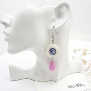 Cercei handmade din sidef, sodalit si jad roz accesorii din inox bijuterii unicat (cod1459), Bijuterii, Cercei, Cercei din pietre semipretioase, Confectionarea bijuteriilor, ARTYNOS
