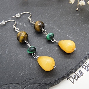 Cercei Lungi Handmade cu Ochi de Tigru, Agat Verde și Picături de Jad Galben - Accesorii Inox (cod1460) - bijuterii - cercei - cercei din pietre semiprețioase - Artynos.ro