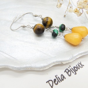 Cercei Lungi Handmade cu Ochi de Tigru, Agat Verde și Picături de Jad Galben - Accesorii Inox (cod1460) - bijuterii - cercei - cercei din pietre semiprețioase - Artynos.ro