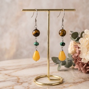 Cercei Lungi Handmade cu Ochi de Tigru, Agat Verde și Picături de Jad Galben - Accesorii Inox (cod1460) - bijuterii - cercei - cercei din pietre semiprețioase - Artynos.ro