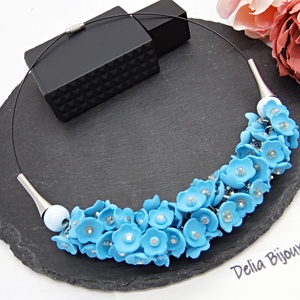 Colier handmade statement cu flori bleu - Eleganță Florală (cod1463) - bijuterii - coliere - coliere din mărgele - Artynos.ro