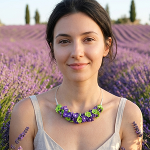 Colier handmade statement cu flori mov si verzi - Eleganță Florală (cod1464) - bijuterii - coliere - coliere din mărgele - Artynos.ro