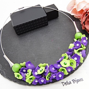 Colier handmade statement cu flori mov si verzi - Eleganță Florală (cod1464) - bijuterii - coliere - coliere din mărgele - Artynos.ro