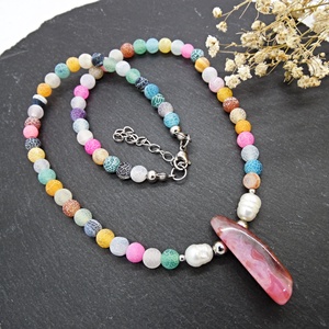 Colier handmade unicat - agate frozen si perle cultura (cod1465) - Artynos.ro