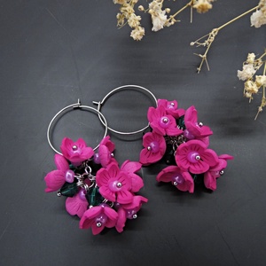 Cercei Statement Fucsia Bloom Flori Handmade din Foamiran și Cristale Verzi (cod1466) - bijuterii - cercei - cercei lungi - Artynos.ro