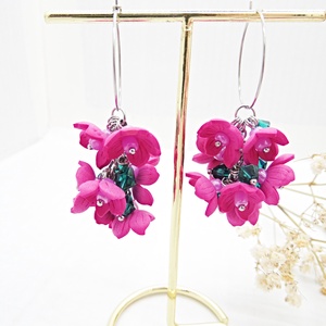 Cercei Statement Fucsia Bloom Flori Handmade din Foamiran și Cristale Verzi (cod1466) - bijuterii - cercei - cercei lungi - Artynos.ro