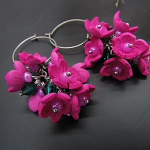 Cercei Statement Fucsia Bloom Flori Handmade din Foamiran și Cristale Verzi (cod1466) - bijuterii - cercei - cercei lungi - Artynos.ro
