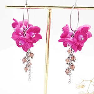 Cercei Statement Fucsia Bloom Flori Handmade din Foamiran si Cristale (cod1467) - Artynos.ro