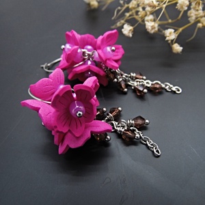 Cercei Statement Fucsia Bloom Flori Handmade din Foamiran și Cristale (cod1467) - bijuterii - cercei - cercei lungi - Artynos.ro