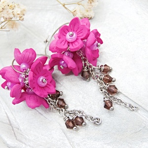 Cercei Statement Fucsia Bloom Flori Handmade din Foamiran și Cristale (cod1467) - bijuterii - cercei - cercei lungi - Artynos.ro