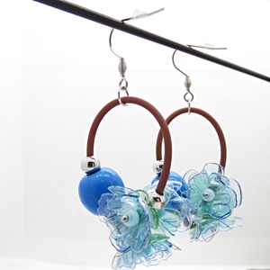 Cercei Lungi Statement cu Flori Bleu - Albastre, Verzi și Mărgele din Lemn Handmade Unicat (cod1477) - bijuterii - cercei - cercei lungi - Artynos.ro