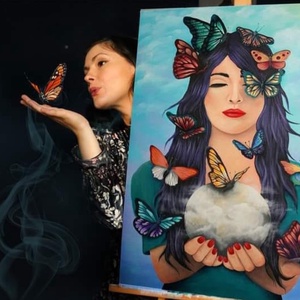 Pictura Femeie cu fluturi, Arte vizuale si accesorii , Picturi, Pictura acrilica, , ARTYNOS