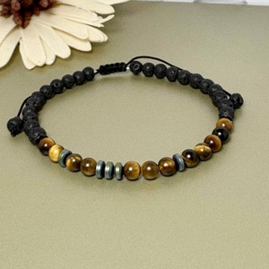 Bratara cod morse barbati din ochi de tigru, hematit si lava vulcanica - bijuterii - brățări - brățări din mărgele - Artynos.ro