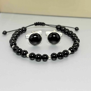 Set cadou barbati - bratara onix, breloc inox si butoni onix - bijuterii - brățări - brățări din mărgele - Artynos.ro