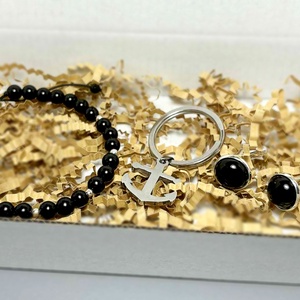 Set cadou barbati - bratara onix, breloc inox si butoni onix - bijuterii - brățări - brățări din mărgele - Artynos.ro