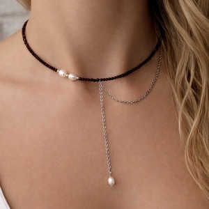 Colier din turmalina neagra fatetata si perle de cultura - Artynos.ro