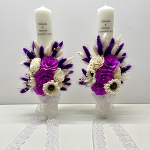 Set 2 lumanari de cununie, flori naturale uscate, cod SL17, Accesorii nuntă, Materiale decor pentru nuntă, Lumânări de nuntă și suport lumânări, Aranjament de flori, ARTYNOS