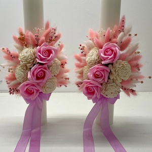 Set 2 lumanari de cununie, flori naturale uscate, cod SL22 - accesorii nuntă - materiale decor pentru nuntă - lumânări de nuntă și suport lumânări - Artynos.ro