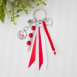 Breloc, ornament pentru geanta - Kalocsa model floral alb/rosu - Artynos.ro