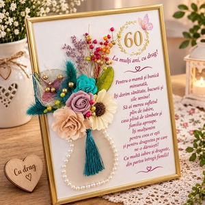 Tablou elegant cu flori uscate naturale, cu mesaj de aniversare - casă & stil de viață - decorațiuni de casă - decorațiuni de pereți - tablou cu licheni - Artynos.ro