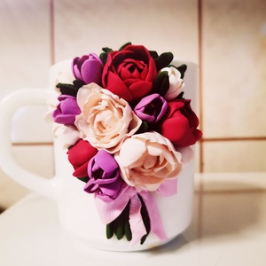 Cana personalizata cu bujori si lalele din fimo  - accesorii nuntă - materiale decor pentru nuntă - decorațiuni pentru masa de nuntă  - Artynos.ro