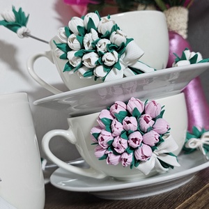 Set decorativ handmade-cana cu buchet de lalele albe, farfurioara si lingurita asortata - accesorii nuntă - amintiri și cadouri de nuntă - cadou nuntă - set de ceremonie - Artynos.ro