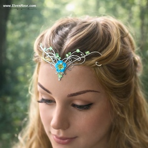 Sylvaria Bloom Tiara Elfica Argintie cu Floare Albastra - Artynos.ro