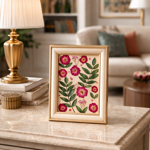 Tablou botanic handmade, flori presate, rama catifea 18x23 cm, Casa & Stil de viata, Decoratiuni de casa, Accesorii florale, Buchete de flori, Aranjament de flori, Aceasta piesa de arta botanica reprezinta o fuziune intre fragilitatea naturii si rigoarea designul..., ARTYNOS