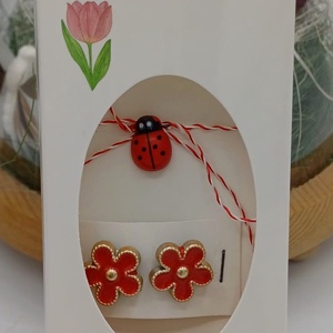 Butoni1 pereche de cămașă tip mărțișor  � floare rosie cu buburuză,care se poarta tot anul - bijuterii - mărțișor - Artynos.ro