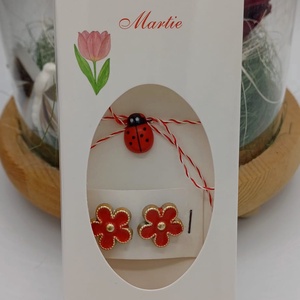 Butoni1 pereche de cămașă tip mărțișor  � floare rosie cu buburuză,care se poarta tot anul - bijuterii - mărțișor - Artynos.ro