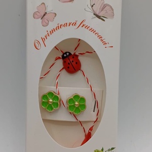 Butoni de cămașă ,1 pereche tip mărțișor � floare verde deschis cu buburuză,se poarta tot anul - bijuterii - mărțișor - Artynos.ro