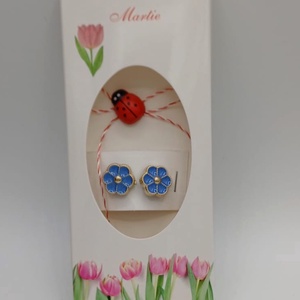 Butoni de cămașă ,1 pereche tip mărțișor � floare albastra cu buburuză,se poarta tot anul - bijuterii - mărțișor - Artynos.ro