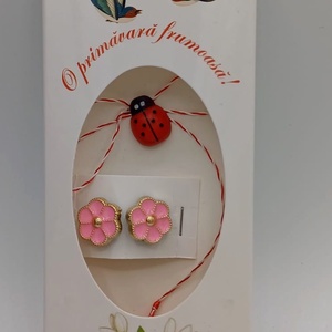 Butoni de cămașă 1 pereche tip mărțișor � floare roz cu buburuză ,se poarta tot anul  - bijuterii - mărțișor - Artynos.ro