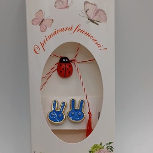 Butoni de cămașă 1 pereche ,tip mărțișor � iepurasi la bubu albastri cu buburuză  - bijuterii - mărțișor - Artynos.ro