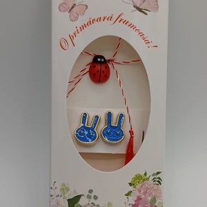 Butoni de cămașă 1 pereche ,tip mărțișor � iepurasi la bubu albastri cu buburuză  - bijuterii - mărțișor - Artynos.ro