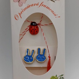 Butoni de cămașă 1 pereche ,tip mărțișor � iepurasi la bubu albastri cu buburuză  - bijuterii - mărțișor - Artynos.ro