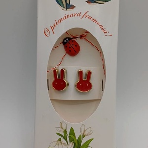 Butoni de cămașă 1 pereche tip mărțișor � iepuras la bubu rosii cu buburuză ,se poarta tot anul - bijuterii - mărțișor - Artynos.ro